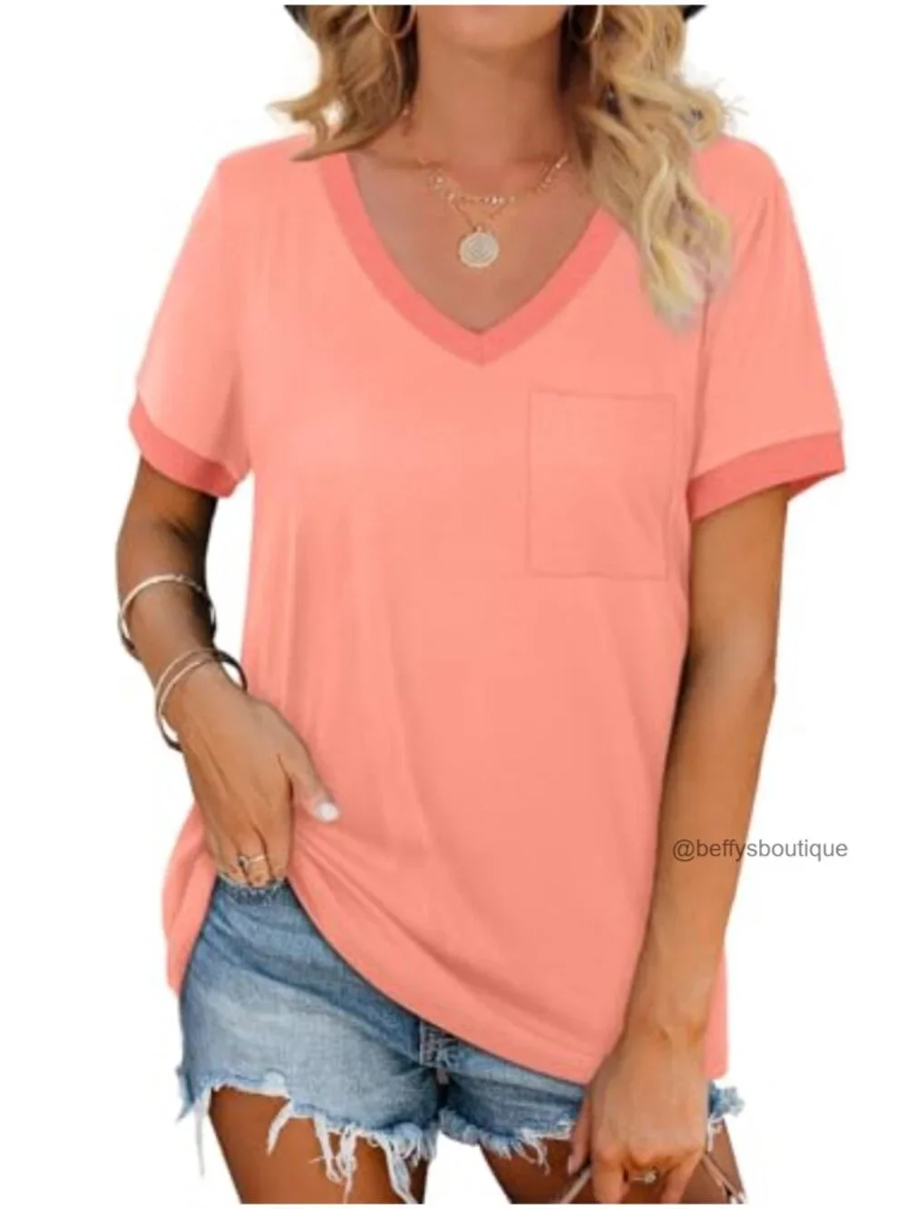 Women's V-Neck Short Sleeve T-Shirt with Pocket, Loose Fit, Stretchy, Casual